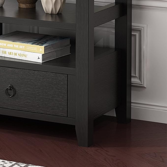 Karl home Console Table with 3 Bottom Drawers, 57.9" W Sofa Side Table Entryway Desk with 3 Storage Cubbies 1 Open Shelf, Vintage TV Stand for Hallway Living Room Office, Black 29.9" H