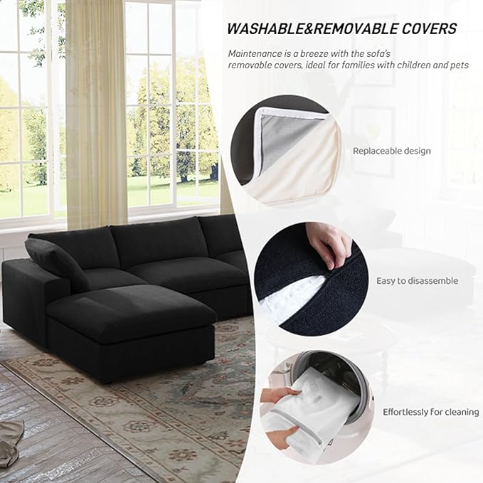Cloud Modular Sectional Sofa with Storage Ottoman,120.45" L Shaped Couch for Living Room,Down Filled Convertible Couch Deep Seat for Office Apartment,Covers Washable&Replaceable (Black)