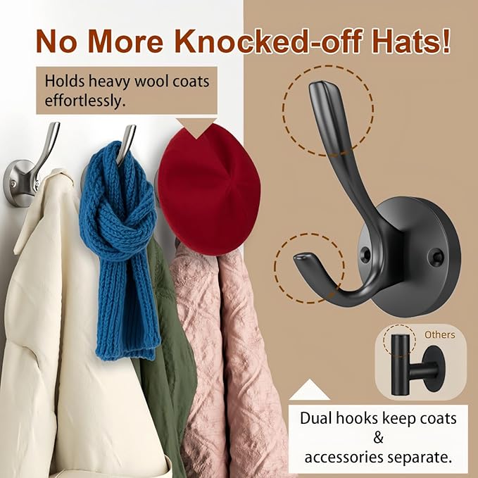 ZUONAI Black Coat Hooks 4 Pack Matte Black Hooks for Hanging Coats and Hat Hook Door Towel Hooks for Bathrooms Wall Mounted Double Metal Robe Hook Kitchen Hanger Sturdy Coat Locker Single