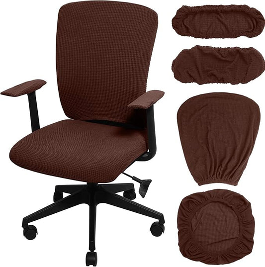 Tallew 4 Pcs Office Chair Covers Set Computer Universal Protective Stretchable Chair Seat Covers Desk Armrest Slipcovers Pads Office Cushion Backrest for Rotating (XL,Dark Brown)