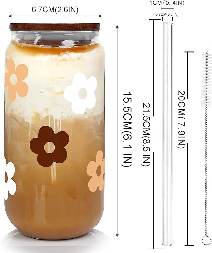 Glass Cups with Lids and Straws, Can Shaped Glass Cups, 20OZ Glass Cups, Drinking Glasses, Iced Coffee Glasses Cup, Smoothie Cups, Tumbler Glass, Reusable Iced Coffee Cup Drinking Glasses -Set of 2