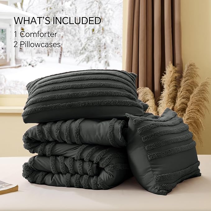 BEDELITE Boho King Size Comforter Set - Dark Grey Tufted Striped Bed Set 3 Pieces, Soft Vintage Farmhouse Comforter for All Seasons, Boho Home Decor,Fluffy Jacquard Bedding with Pillow Sham