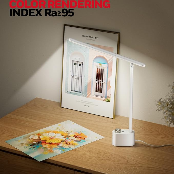 Honeywell Upgraded LED Desk Lamp - H01 Pro Sunturalux™ Foldable Desk Light with USB A+C Charging Port, 3 Color Modes Dimmable Table Lamp for Home Office Reading(White)