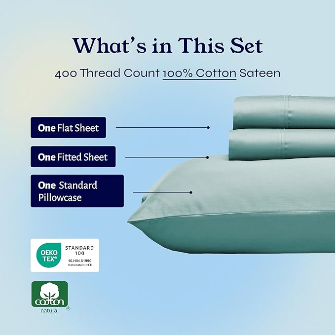 California Design Den Twin XL Sheet Sets - 400 Thread Count Sateen, 100% Cotton Sheets Set, Deep Pockets, Cooling and Durable Bedding for Dorm Rooms & Adults - Teal