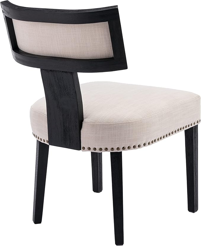 Mid Century Modern Dining Chairs Set of 4 Linen Fabric Upholstered Kitchen Side Chairs with Nailhead Trim, Modern Kitchen Armless Solid Wood Dining Chairs, Beige