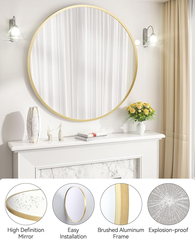 24 Inch Golden Circle Wall Mirror, Modern Round Metal Framed Mirror for Bathroom, Entryway, Living Room, Bedroom, Dining Room, Hallway, Decorative Home Décor, Easy Mount