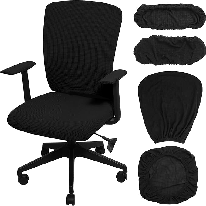 Tallew 4 Pcs Office Chair Covers Set Computer Universal Protective Stretchable Chair Seat Covers Desk Armrest Slipcovers Pads Office Cushion Backrest for Rotating (XL,Black)