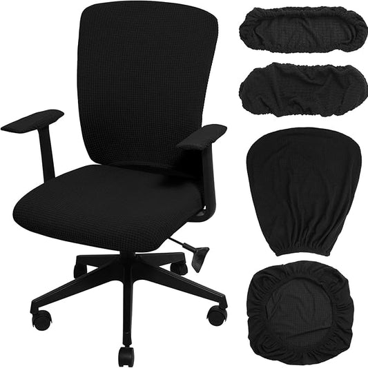 Tallew 4 Pcs Office Chair Covers Set Computer Universal Protective Stretchable Chair Seat Covers Desk Armrest Slipcovers Pads Office Cushion Backrest for Rotating (L,Black)