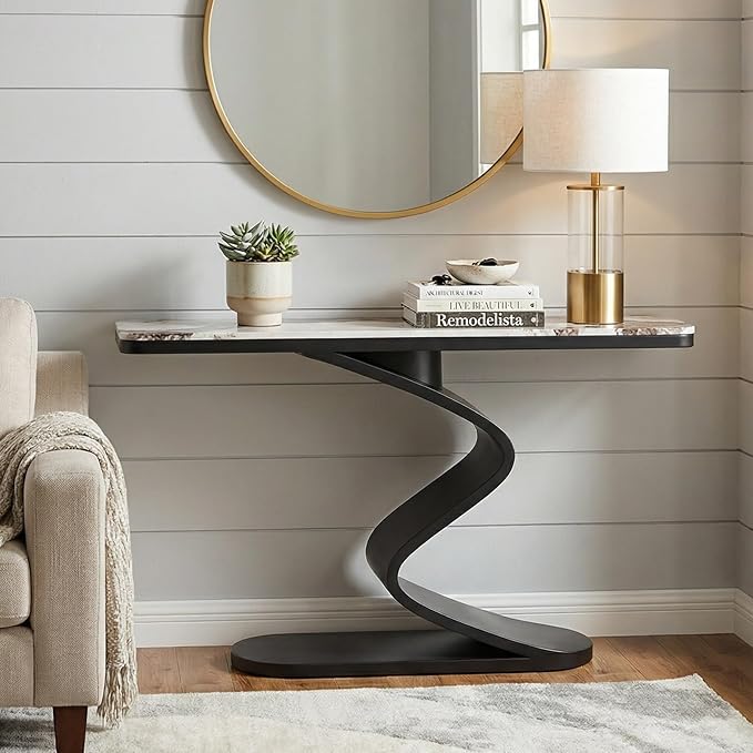 Modern Console Table with Sintered Stone Top, 47" Entryway Table with Sculptural S-Shaped Base Narrow Hallway Sofa Table Behind Couch for Living Room, Accent Furniture(Black,59"x11.8"x31.5")