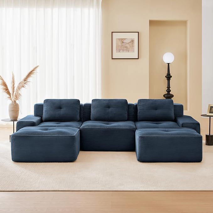 115" Modern Compressed Boneless Couch with Ottoman, 3 Seater Large U Shaped Sectional Couches for Living Room, Blue Corduroy Cloud Modular Sectional Sofa, Memory Foam, Extra Deep, No Assembly