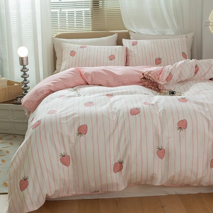 Pink Strawberry Duvet Cover Set Twin Kids Girls Kawaii Bedding Set 100% Cotton Fruit Strawberry Comforter Cover for Teens Children Boys Lovely Cartoon Kids Kawaii Bedroom Collection with 2 Pillowcases