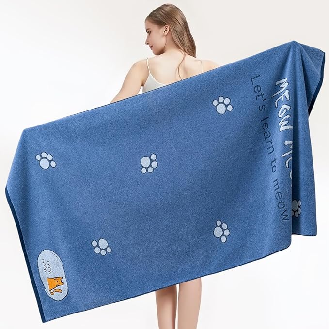 Ultra Soft Cotton Cat Bath Towel - Large 59x29 Meow Print & Cat Paw, Quick Dry Absorbent,for Shower, Beach, Pool & Travel. Blue.