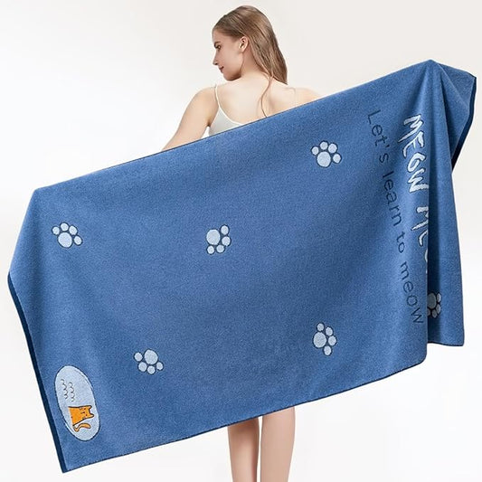 Ultra Soft Cotton Cat Bath Towel - Large 59x29 Meow Print & Cat Paw, Quick Dry Absorbent,for Shower, Beach, Pool & Travel. Blue.