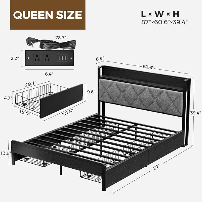 Bed Frame Queen Size with Charging Station and LED Lights, Upholstered Storage Headboard with 4 Drawers, Heavy Duty Metal Slats, Noise Free, Easy Assembly, No Box Spring Needed