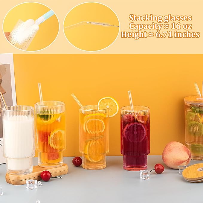 6 Pcs 16oz Ribbed Glass Cups With Bamboo Lids, Stackable, Suitable for Coffee, Juice, Cocktails, Beer