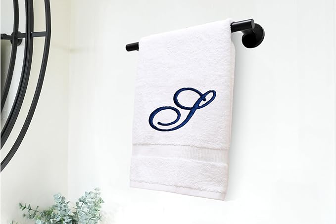 White Monogrammed Hand Towels for Bathroom - Luxury Hotel Quality Personalized Initial Embroidered Towel for Powder Room, Spa - GOTS Organic Certified - Set of 2 Navy Letter S