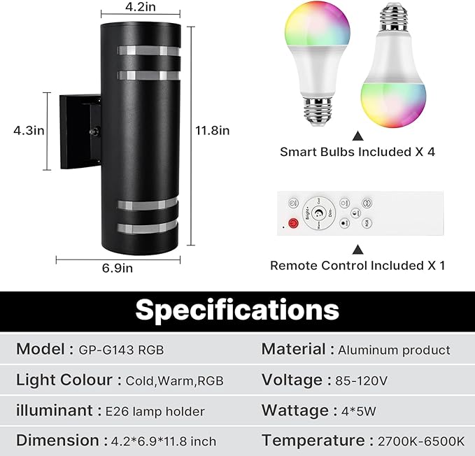 RGB Up and Down Lights Outdoor Wall Lights 2 Packs, Smart Color Changing Outdoor Wall Sconce WiFi Voice & App Control,Aluminum Waterproof Exterior Lights for Porch Compatible with Alexa