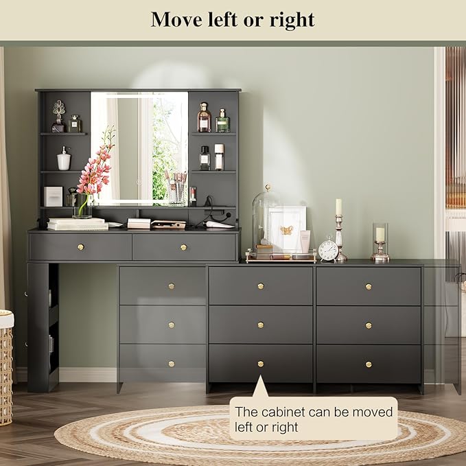 Makeup Vanity Desk with Mirror and Lights, Vanity Desk with 8 Drawers & Storage Shelves, Vanity Table with Power Outlet, 3 Color Modes & Adjustable Brightness Dressing Table, Bedroom,Black