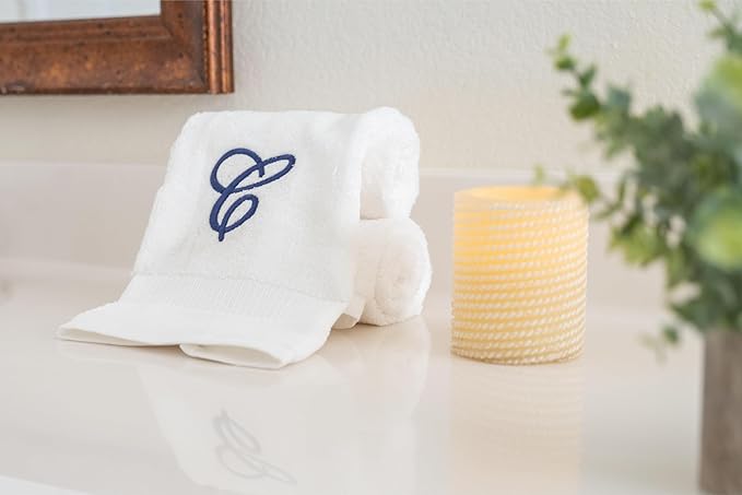 White Monogrammed Hand Towels for Bathroom - Luxury Hotel Quality Personalized Initial Embroidered Towel for Powder Room, Spa - GOTS Organic Certified - Set of 2 Navy Letter C