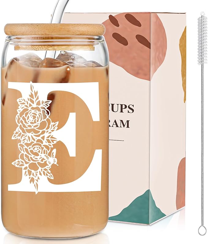 DWTS DANWEITESI Birthday Gifts for Women: Initial Glass Cup as Office Graduation Memorial Holiday Personalized Gifts - for Husband Aunt Uncle Teen Boy Employee Coworkers Him and Her - E Aesthetic Cup