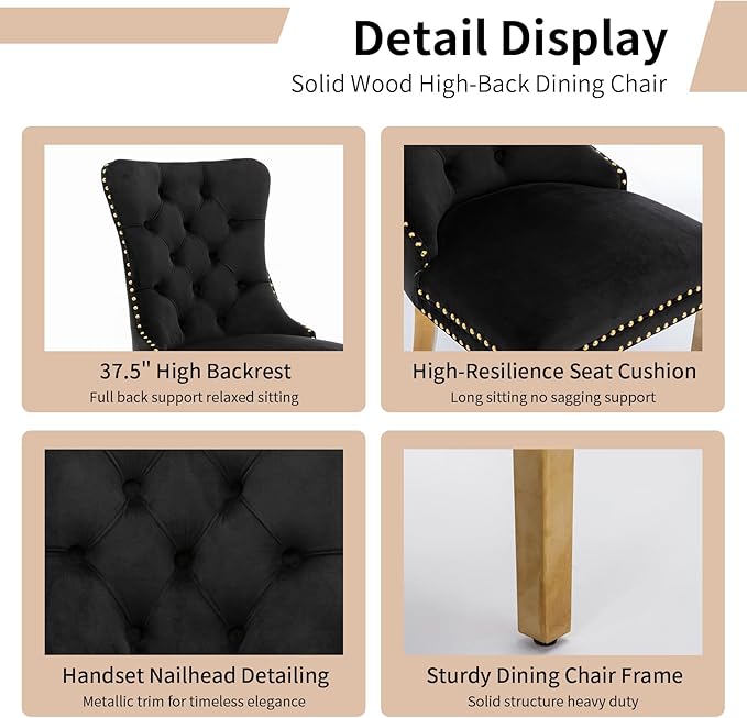 Luxury Upholstered Dining Chairs Set of 6, Black Kitchen Chair with Golden Metal Legs, Velvet Tufted Back Dining Chair, Sillas de Comedor, Modern Kitchen & Dining Room Chairs (Black, 6 Pcs)