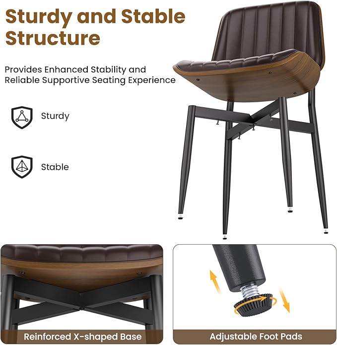 Dining Chairs Set of 4, Mid Century Modern Dining Room Kitchen Chairs, Upholstered PU Leather Vertical Stripe Chairs for Vanity with Walnut Bentwood and Metal Legs, Brown