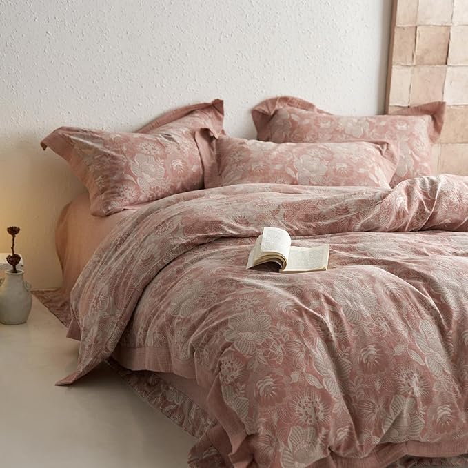 Jacquard Flower Duvet Cover King Retro Blush Pink Floral Duvet Cover Yarn-Dyed Textured Cotton Bedding Jacquard Flower Comforter Cover with Edge Design Vintage Farmhouse Floral Bedding Set King Size