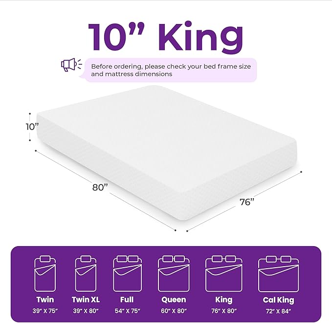 GAESTE 10 Inch King Cooling Gel Memory Foam Medium Firm Mattress Breathable Pressure Relief CertiPUR-US Certified Foam, Mattress-in-a-Box for Kids and Adults No Fiberglass (King, 10 in)