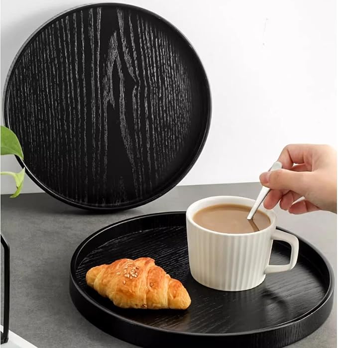 Round Wood Serving Tray, Solid Wooden Decorative Tray Non-Slip Tea Coffee Table Tray Snack Plate Food Meals Serving Tray with Raised Edges for Home Decor Kitchen Restaurant (8.2inch, Black)