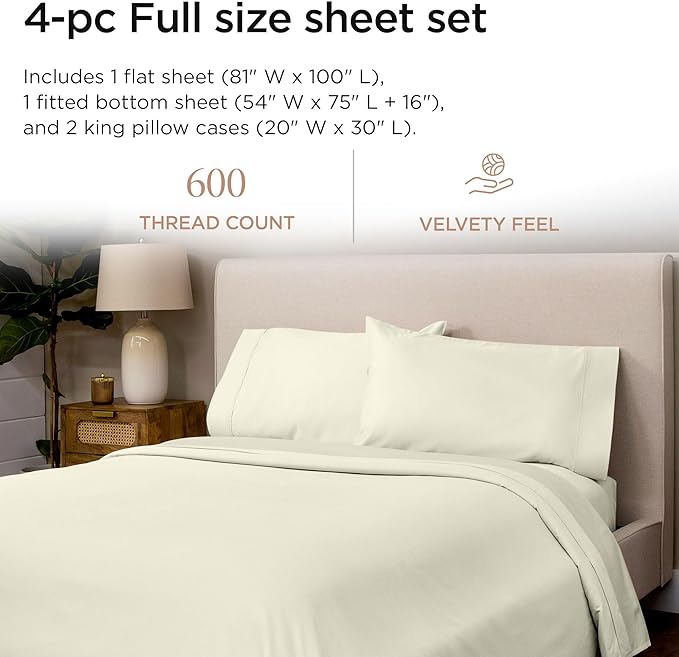 Threadmill 100% Cotton Sheets for Full Size Bed - 600 Thread Count Full Bed Sheets Set with 16” Deep Pocket - Sateen Weave 4-Piece Bedding Set with Cooling Effect, Ivory