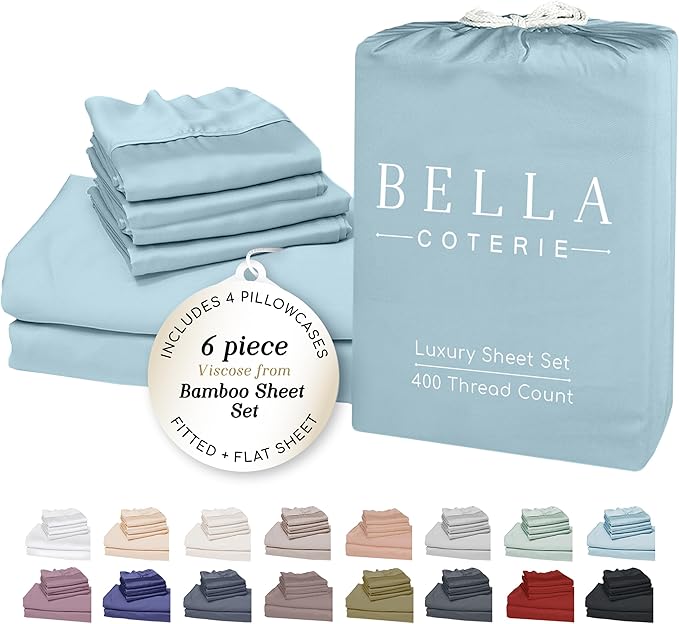 Bella Coterie 6 Piece Luxury Bamboo Viscose Split Top King Size Sheet Set | 34" Split for Adjustable Beds | 100% Organically Grown| Cooling | 18” Deep Pocket | 4 Pillowcases [Coastal Blue]