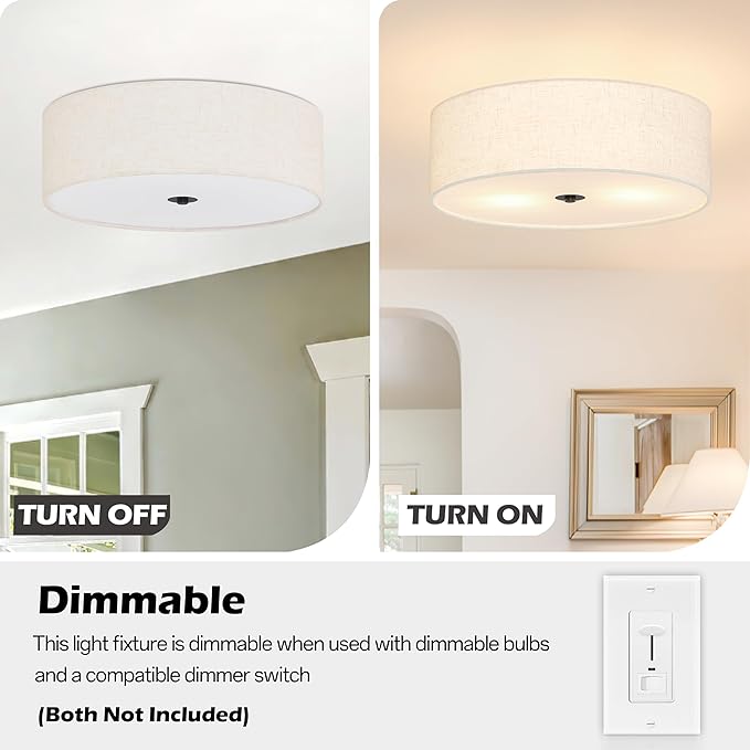 15.7 Inch 3-Light Drum Modern Black Ceiling Light Fixture Flush Mount Ceiling Light Fixture Dimmable Close to Ceiling Light Fixture with Fabric Shade for Living Room Hallway Entryway Bedroom