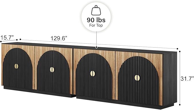 BELLEZE Set of 2 Fluted Buffet Cabinet with Storage, 65 Inch Symmetrical Arc Accent Sideboard Large Console Table for Dining Room, Kitchen, and Living Room (Camel)