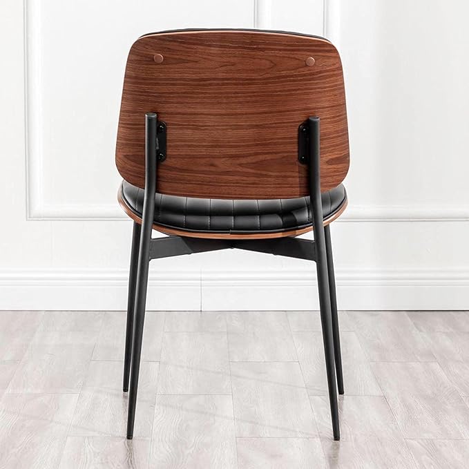 LUNLING Dining Chairs Set of 2 Mid Century Modern Retro Faux Leather Chair with Walnut Bentwood Upholstered Seat Metal Legs Chairs,Adjustable Foot for Kitchen Dining Room Chairs(Black)