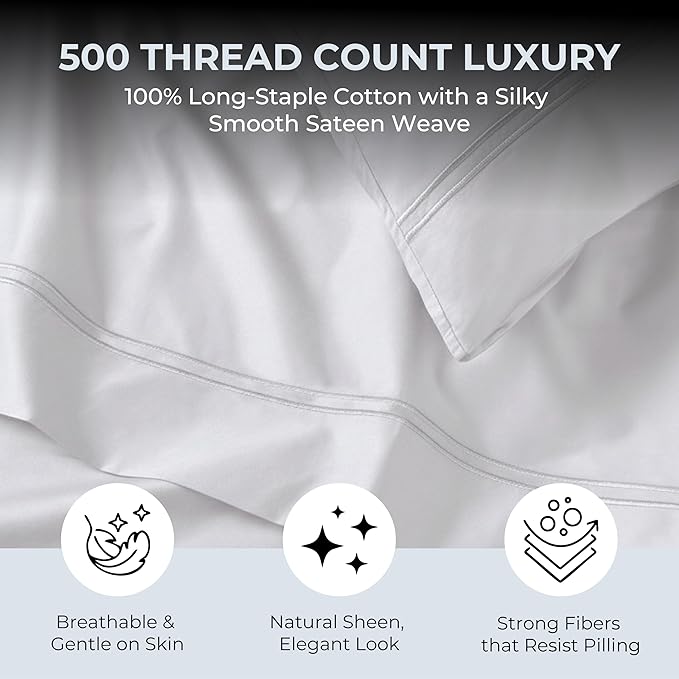 100% Natural Cotton Bed Sheets | 500 TC Single-Ply Sateen Weave Full Size Sheets | Soft, Breathable, Hypoallergenic Solid 4-Piece Bedding with Deep Pocket Fitted, Flat, Pillowcase | White