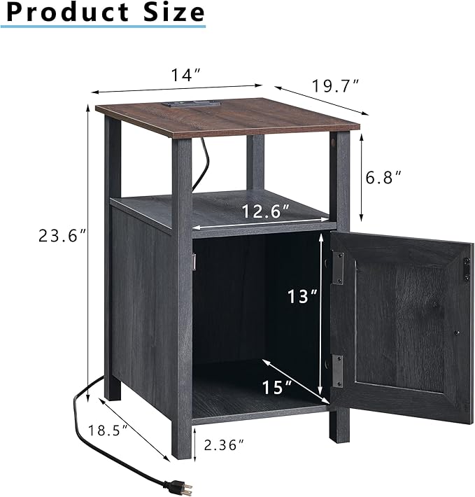 Farmhouse Nightstand Set of 2, End Table with Charging Station, Rustic Side Table w/Barn Door & Open Shelves, Bedside Table w/Storage Space and Storage Cabinet for Bedroom, Living Room Dark Grey