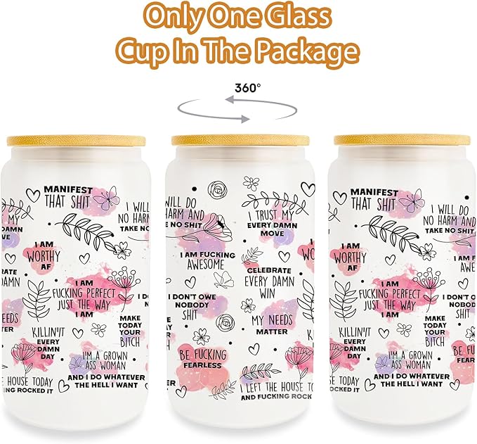Positive Daily Affirmations Gift 16Oz Can Glass Cups, Inspirational Mental Health Gifts for Women Friends, Sobriety Motivational Gifts for Female Coworker, Birthday Gifts for Women Friendship