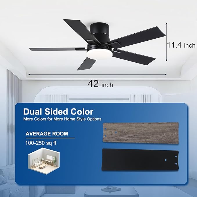 Rayqueen 42 Inch Ceiling Fans with Lights and Remote, Flush Mount Black Ceiling Fan, 6 Speed Reversible DC Motor, 3CCT Dimmable LED-Low Profile Design for Bedroom, Living room & Covered Outdoor