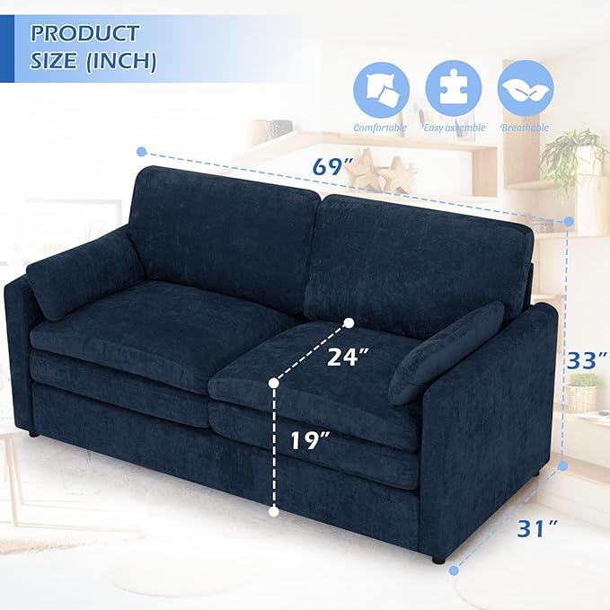 3 Pieces Chenille Sofa Set w/Arm Pillows, Upholstered 2 Pieces Loveseat & 3 Seater Sofa w/Comfortable Back Cushions, Modern 2-Seat & 3-Seat w/High-Density Foam for Living Room, Blue