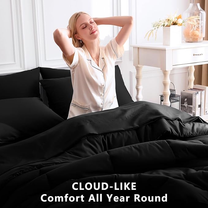 CozyLux King Size Comforter Set Black, 7 Pieces Bed in a Bag, Black Comforter King Size, All Season Bedding Sets with Stitch Quilted Comforter, Flat Sheet, Fitted Sheet, Pillowcases