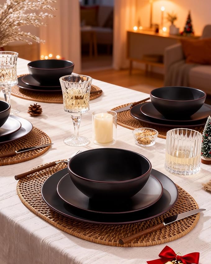 Famiware Venus Plates and Bowls Sets, 18 Pieces Stoneware Dinnerware Sets, Dishes Set for 6, Microwave and Dishwasher Safe, Matte Black