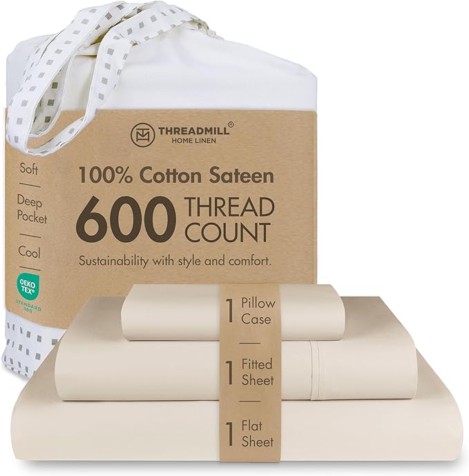 Threadmill 100% Cotton Sheets for Twin Size Bed - 600 Thread Count Twin Bed Sheets Set with 15” Deep Pocket - Sateen Weave 3-Piece Bedding Set with Cooling Effect, Beige
