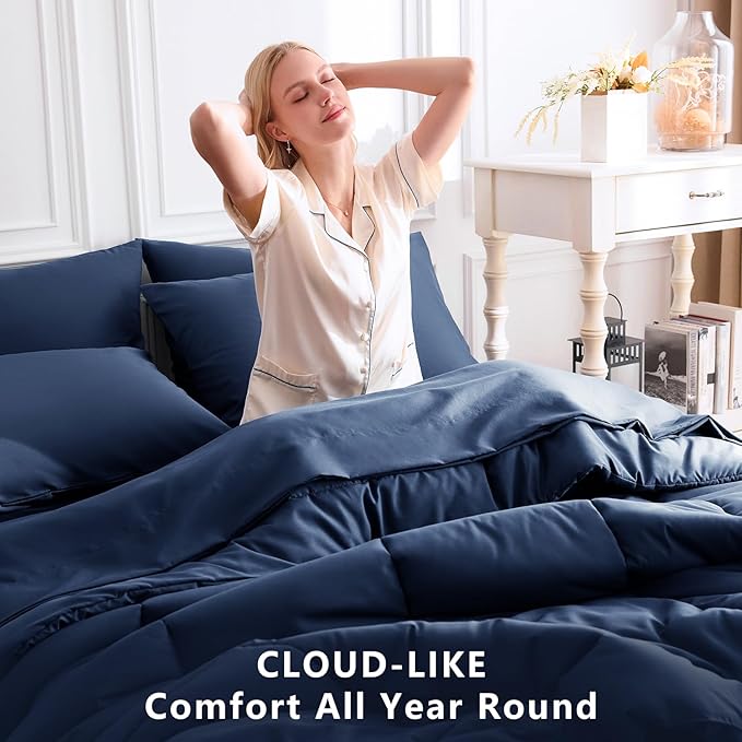 CozyLux Oversized King Comforter Sets Navy Blue, 7 Pieces Bed in a Bag, Ultra-Soft All Season Bedding Sets with Stitch Quilted Comforter, Flat Sheet, Fitted Sheet, Pillowcases, Navy Blue