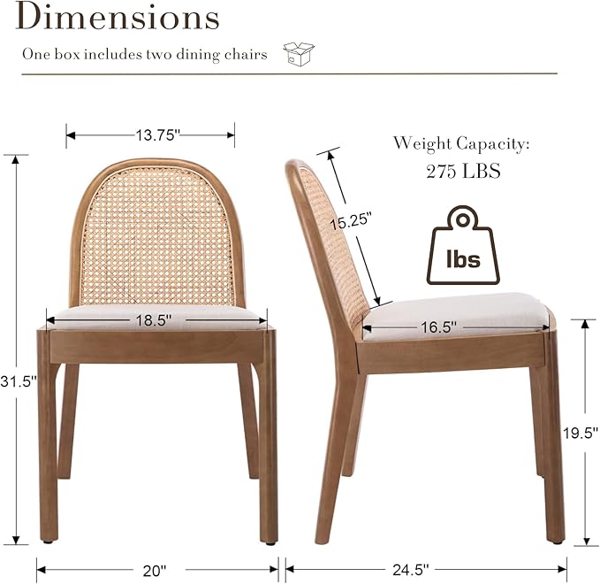 HEAH-YO Rattan Dining Chairs Set of 6, Upholstered Linen Dining Room Chairs with Backrests, Modern Kitchen Chairs with Wood Legs for Dining Room, Beige