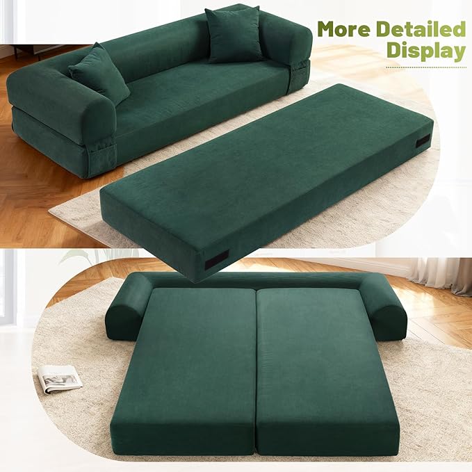 Convertible Folding Sofa Bed,80" Pull Out Couch with Pillows & Storage Pocket,Modular Futon Bed Corduroy Queen Sleeper Sofa in a Box,Compression Boneless Couch for Living Room,Deep Green