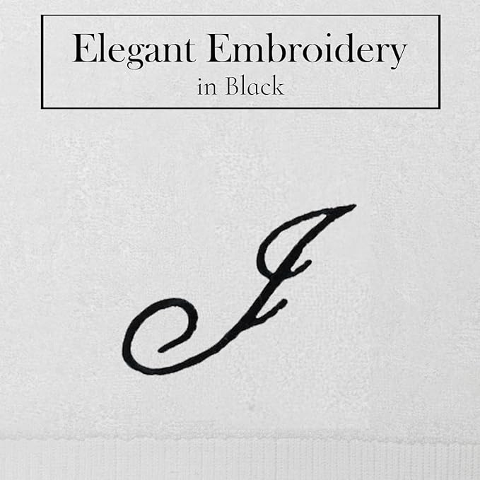 White Monogrammed Hand Towels for Bathroom - Luxury Hotel Quality Personalized Initial Embroidered Towel for Powder Room, Spa - GOTS Organic Certified - Set of 2 Black Letter J