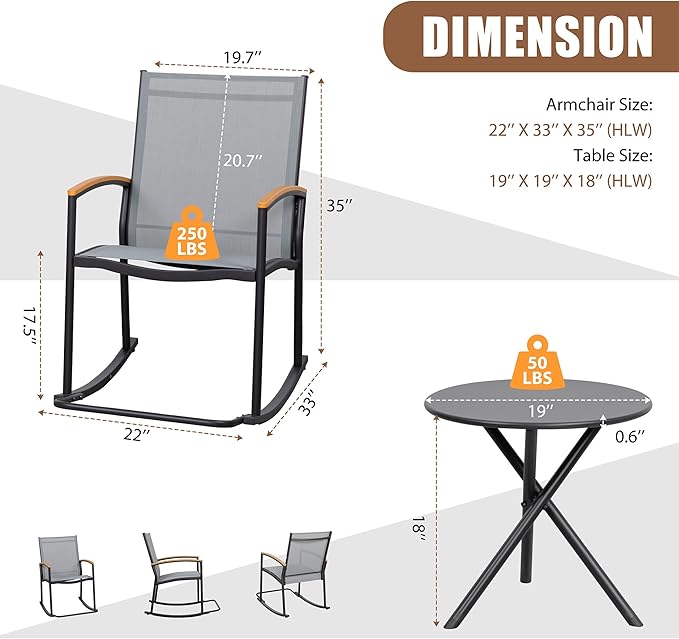Shintenchi 3 Piece Outdoor Rocking Bistro Set, Textilene Fabric Small Patio Furniture Set, Front Porch Rocker Chairs Conversation Set with Table for Lawn, Garden, Balcony, Poolside (Light Gray)