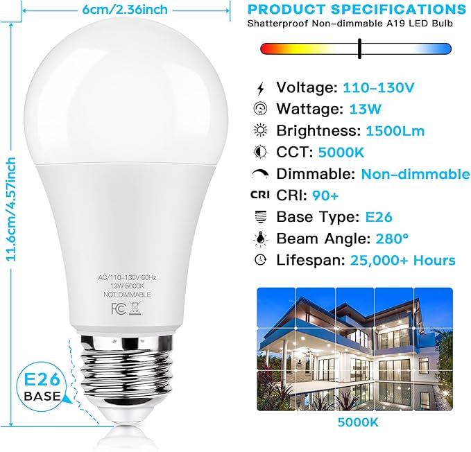 LED Light Bulbs 100W Equivalent 1500 Lumens, A19 13W 5000K Daylight White Non-Dimmable, Super Bright No Flicker Standard E26 Edison Screw Bulbs for Home, Bedroom, Office Lamp, 12-Pack