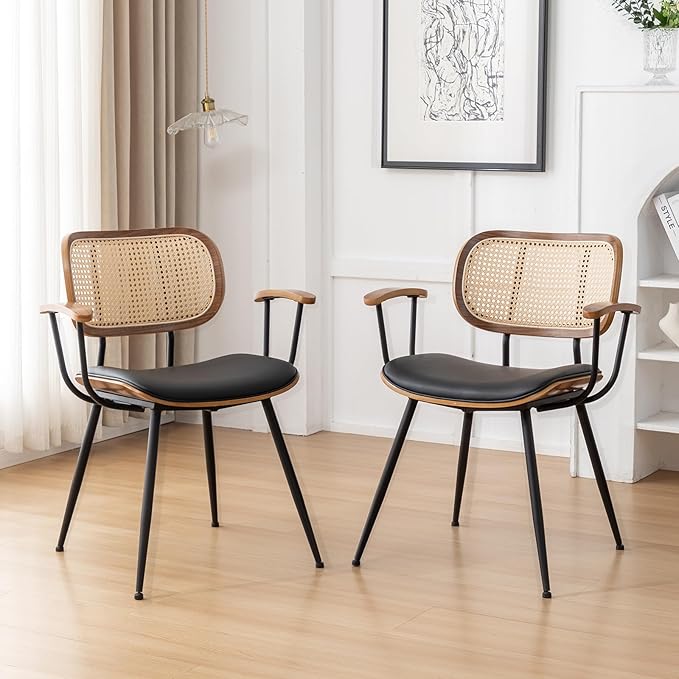 Rattan Dining Room Chairs Set of 4,Mid Century Modern Kitchen Side Chairs,Metal Legs Desk Chair,Faux Leather Accent Chair with Arms and Rattan Backrest Black PU