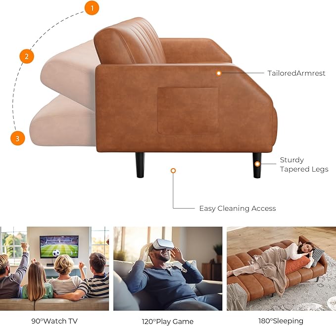 Fadware Faux Leather Couch, Convertible Futon Sofa Bed with Adjustable Backrest, Mid Century Leather Sofa Loveseat with Side Pockets& Metal Leg, Modern Leather Sleeper Sofa for Living Room Bedroom